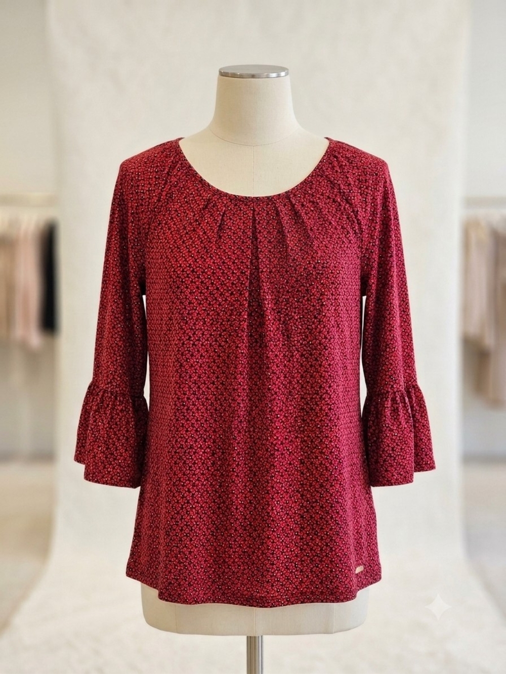 Michael Kors Red Printed Ruffle-Sleeve Long-Sleeve Top
